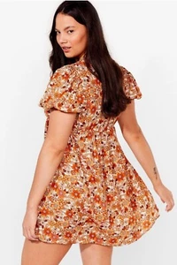 Nasty Gal Size 14 Boho Babydoll Floral Puff Sleeve Summer Flirty Mini Dress - Picture 1 of 6