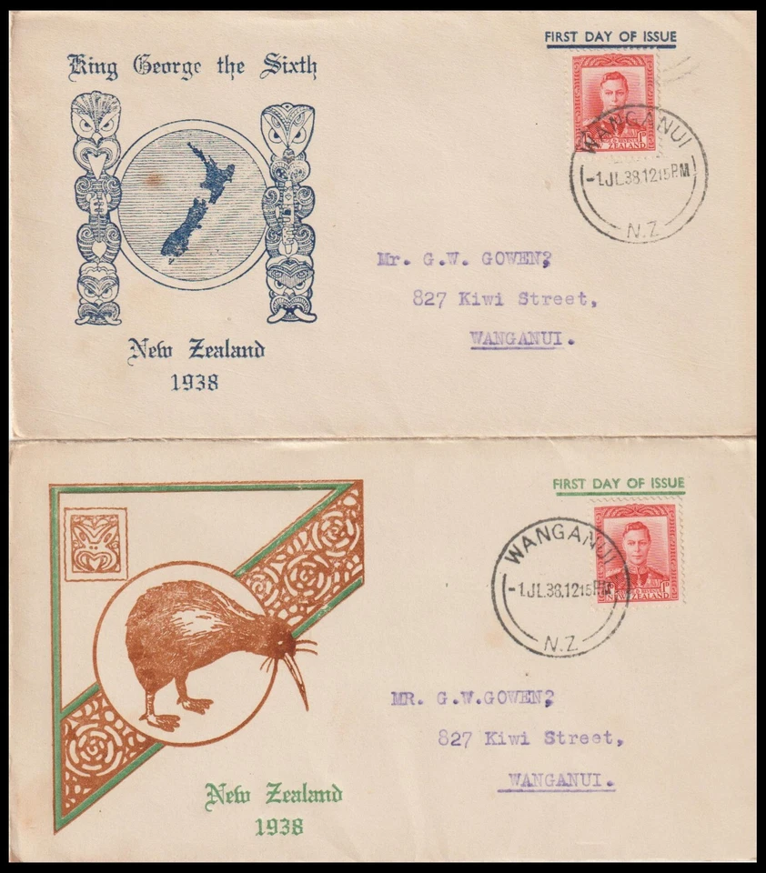 NEW ZEALAND 1938 KGVI 1d RED MAP/KIWI FDC DUO TO WANGANUI (JF) - Image 1 of 1