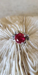 Vintage Ruby Ring Lab Created Ruby With 2 Rhinestones Silver Size 4 1/2 - Picture 1 of 11