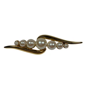 Vintage Monet Brooch Gold Tone Faux Pearl Bar Pin 2.5” - Picture 1 of 5
