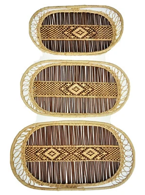 3 Pc Wicker Woven Dresser Nesting Oval Catch All Trays Organizer Basket - Image 1 of 4