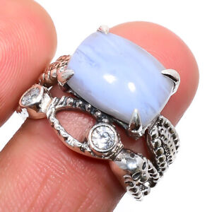 Namibian Blue Lace Agate & White Cz 925 Sterling Silver Israeli Ring s.8 W2439