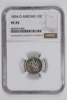 1854-O ARROWS SEATED LIBERTY DIME NGC VF25 - Image 1 of 2