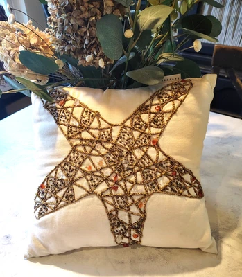 Pottery Barn Beaded Sequined Throw Pillow Seashell 12" Gold Beige Boho Nautical - Image 1 of 4