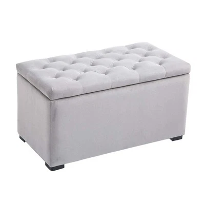 HOMCOM Pouf Contenitore con 2 Sgabelli in Velluto Set da 3 Pezzi Grigio - Immagine 1 di 4