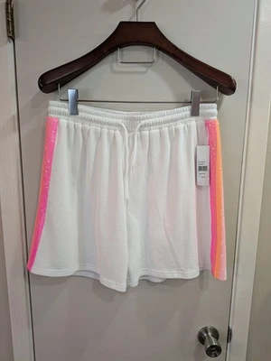 Nuevo con etiquetas azul celestial talla Pantalones Cortos L Rosa/Naranja Bling Ribete Tira Bajando Damas Foto 1 de 4