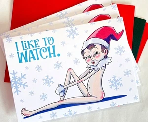 Voyeur Elf naughty adult Holiday Card Christmas Xmas funny humor gay on shelf - Picture 1 of 3