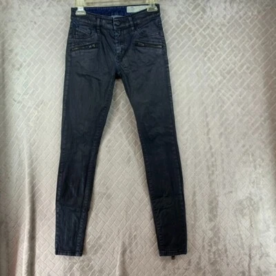 Diesel Jeans Womans 25 Coated Denim Black Sandy-Bk Skinny Zipper Biker Grunge - Image 1 of 4