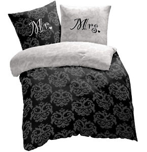 Mikrofaser Partner Bettwäsche 2tlg 4tlg 135x200 schwarz creme Ornamente Mr&Mrs