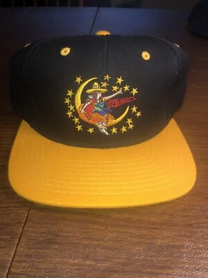 New Rare Vintage 1990s Miller Beer Moon Man Snapback Canvas Hat, Black/Yellow - Image 1 of 4