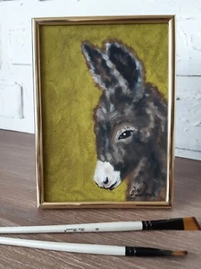Donkey Oil Painting 5x7 Original Donkey Portrait on Canvas Baby Donkey Wall Art - Picture 1 of 8
