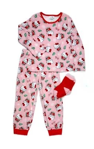 Hello Kitty Girls Pink Christmas Print Soft Holiday Pajama Set with Socks - Picture 1 of 12