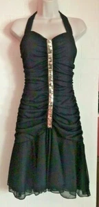 SPEECHLESS RUCHED  COCKTAIL DRESS SIZE 9JR-BLACK WITH GOLD SEQUINS, HALTER TIES - Picture 1 of 7
