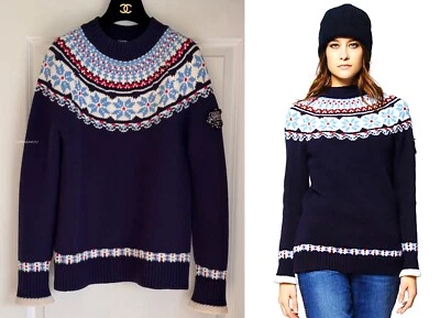 CHANEL 18B COCO NEIGE CC LOGO  NAVY BLUE ECRU RED SWEATER PULLOVER 38 - Image 1 of 4
