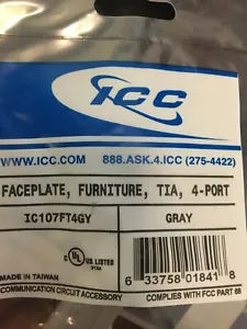 Icc Ic107Ft4GY Faceplate- Furniture- Tia- 4-Port- Gray LOT OF 20 - Picture 1 of 4