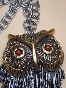 Vtg LUCKY BRAND Brass & Silver Oversized Owl Bird Pendent Necklace 26" FREE $HIP - Picture 1 of 6