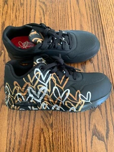 Women's Skechers Work Shoes Size 9 Black & Gold Hearts Safety Toe Slip Resistant - Picture 1 of 17