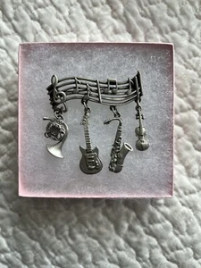Vtg JJ Pewter Brooch Pin Musical Notes Instruments Sax Violin Guitar French Horn - Picture 1 of 11