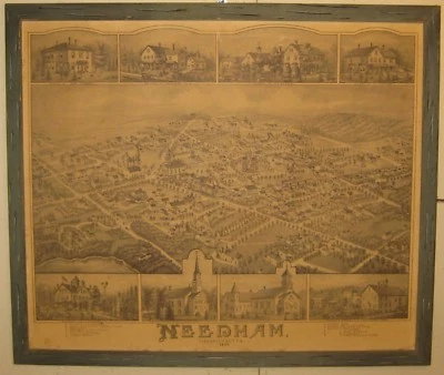 Vintage 1978 NEEDHAM MASSACHUSETTS Birds Eye View 1887 MAP Lithograph Reprint - Image 1 of 4