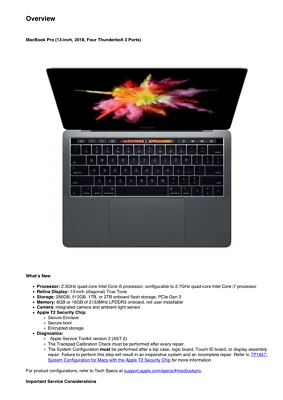 Apple MacBook Pro 13-inch 2018 Four Thunderbolt 3 Ports Guide Service Manual - Image 1 of 4