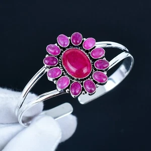Red Ruby Gemstone Lab-Created Flower Cuff Bangle 925 Sterling Silver Jewelry - Picture 1 of 4