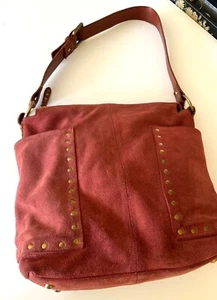 Sundance Suede Raspberry Hobo Bag Purse Brass Studs Leather Strap EUC - Picture 1 of 7