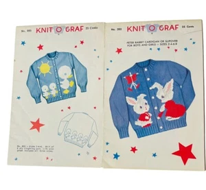 KNIT-O-GRAF CARDIGANS EASTER PATTERNS #203 #865 RABBIT DUCK KID SWEATER VTG KNIT - Picture 1 of 8