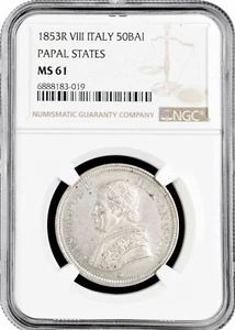 Papal States 50 baiocchi 1853 R, NGC MS61, "Pope Pius IX (1846 - 1878)" - Picture 1 of 2