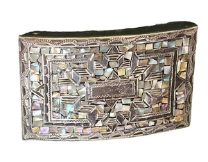 LARGE VINTAGE STERLING SILVER SOUTHWESTERN INLAY BELT BUCKLE SIGNED 925 GUAD MEX - Picture 1 of 19