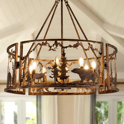 33 Inch Rustic Farmhouse Chandelier 8 Lights Bear Elk Drum Ceiling Light