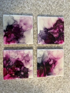 Mias Acrylic Creations Coasters Set Of 4 Dark Pink Resin Artist Made Cork Back - Picture 1 of 12