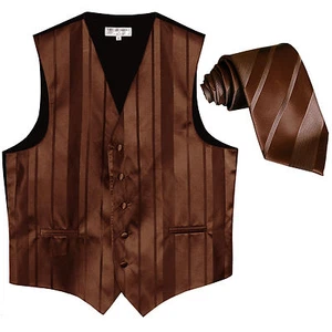New formal men's tuxedo vest waistcoat & necktie vertical stripes brown wedding - Picture 1 of 4