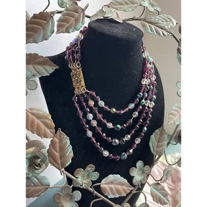Vintage Aurora Borealis Bead Necklace Purple Multi Strand Italian Glass Beads - Picture 1 of 10