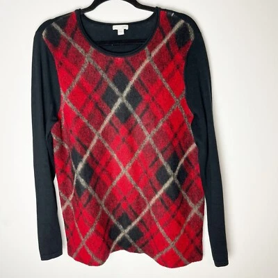 J. Jill Plaid Argyle Sweater Knit Top Womens L Red Black Long Sleeve Crew Neck - Image 1 of 4