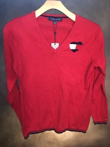 Tommy Hilfiger L NWT Heart Shape Logo Ivy V-Neck Sweater Scarlet Red Light 🧡 - Picture 1 of 16