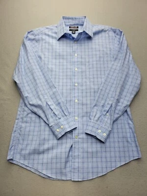 Kirkland Signature Men Button-Up 16 1/2 34-35 Blue Tailored Plaid 100% Cotton - Image 1 of 4