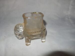 ANTIQUE 3 1/2" "BABY MINE" GLASS ELEPHANT CANDY CONTAINER TOOTHPICK HOLDER