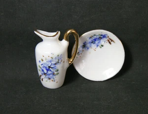 MINIATURE PORCELAIN HAND PAINTED FORGET-ME-NOTS ON TINY PITCHER & UNDER PLATE - Picture 1 of 3