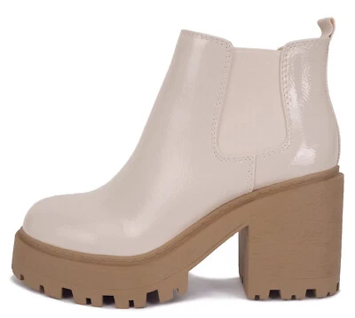 Soda Mujeres Gruesa Suela Tacones Altos Botín Elástico Beige Hueso Patente BLISS Foto 1 de 4