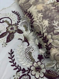 1 mtr ivory/purple embroidered studded scalloped bridal tulle net fabric 52”wide - Picture 1 of 5