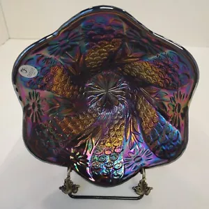 VINTAGE ANTIQUE FENTON PEACOCK AND DAHLIA BLUE CARNIVAL GLASS BOWL 8" - Picture 1 of 6