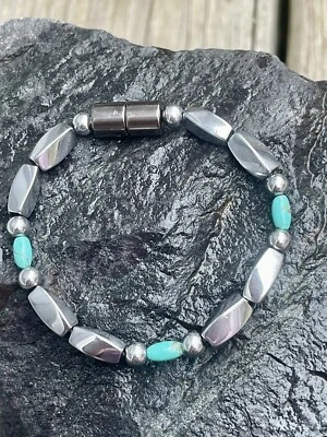 100% Silver Magnetic Hematite Turquoise Bracelet Anklet Necklace 1 Row - Image 1 of 4