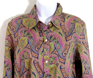Blusa Chaps Para Mujer GRANDE Sin Hierro Rosa Azul Marino Verde Estampado Paisley Camisa Abotonada - Imagen 1 de 5