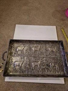 Vintage Weihnachten HIRSCHE & KIEFERN versilbert 19,75" rechteckiges Serviertablett mit Griff - Bild 1 von 14