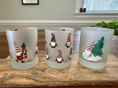 3 CULVER Christmas Santa Gnome Satin Frost Old Fashion Rocks Lowball Glasses GUC - Image 1 of 4