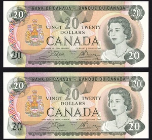 2x Consecutive Canada 1979 $20 Twenty Dollar Banknotes Crow - Bouey - Picture 1 of 2