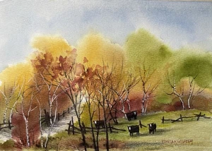 Pamela Wilhelm Acquerello 8,3”x5,8” Mucche Nere Autunno Linea Recinzione Alberi - Foto 1 di 1