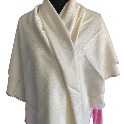 Salvatore Ferragamo Bufanda Seda Lana Cuadrada Grande 55"" Blanco Crema Monograma Foto 1 de 4