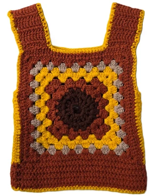 Vintage 70s Knit Top Vest 10 Granny Square Brown Yellow Hippie Halloween Costume - Image 1 of 4
