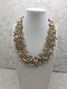 Rhinestone Center Flowers Chocker Style Gold Tone Runway Statement Necklace - Picture 1 of 10